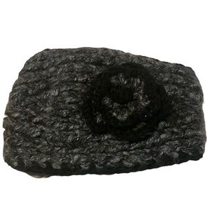 Headband Knit Winter 100% Acrylic Black Gray Flower Button Cheveux Handcrafted
